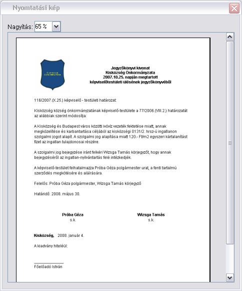 Jegyzknyvi kivonat nyomtatsa