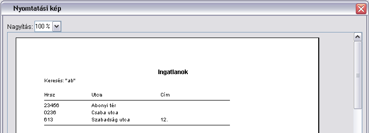 Az ingatlanlista nyomtatsi kpe